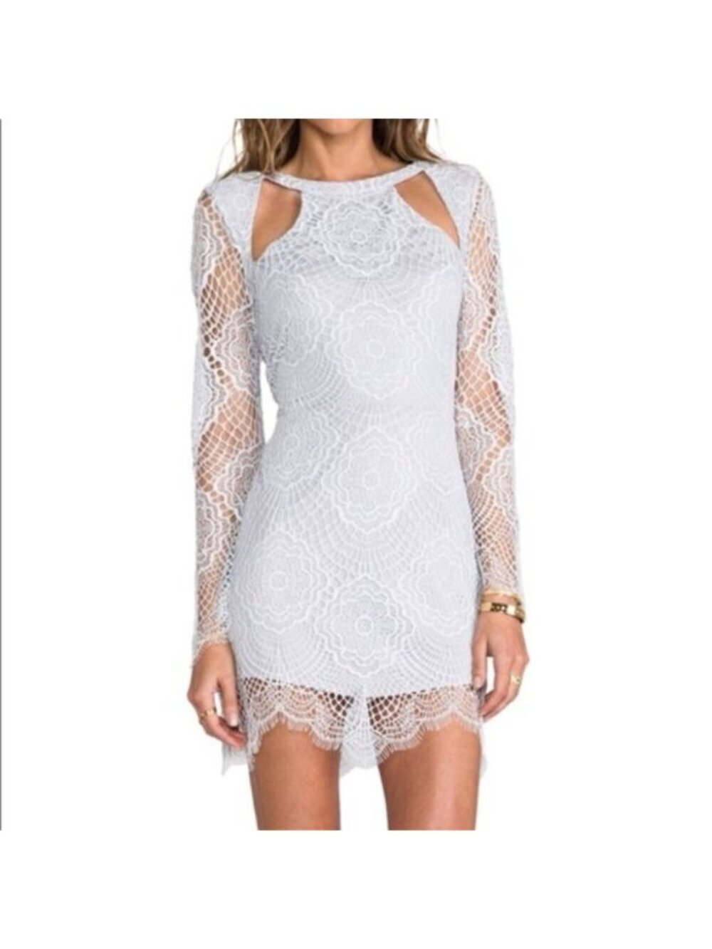 For Love And Lemons White Bodycon Dress with Cold Shoulder and Bishop Sleeves XS